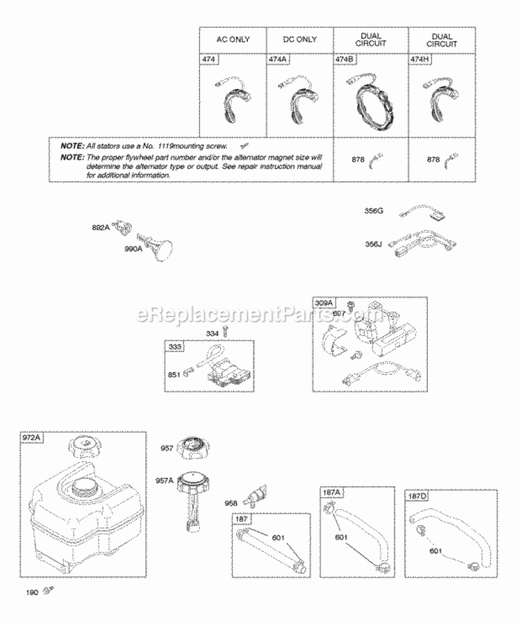 Alternator Electric Starter Fuel Supply Ignition Diagram and Parts List for 20C414-0160-E1  Briggs and Stratton Engine